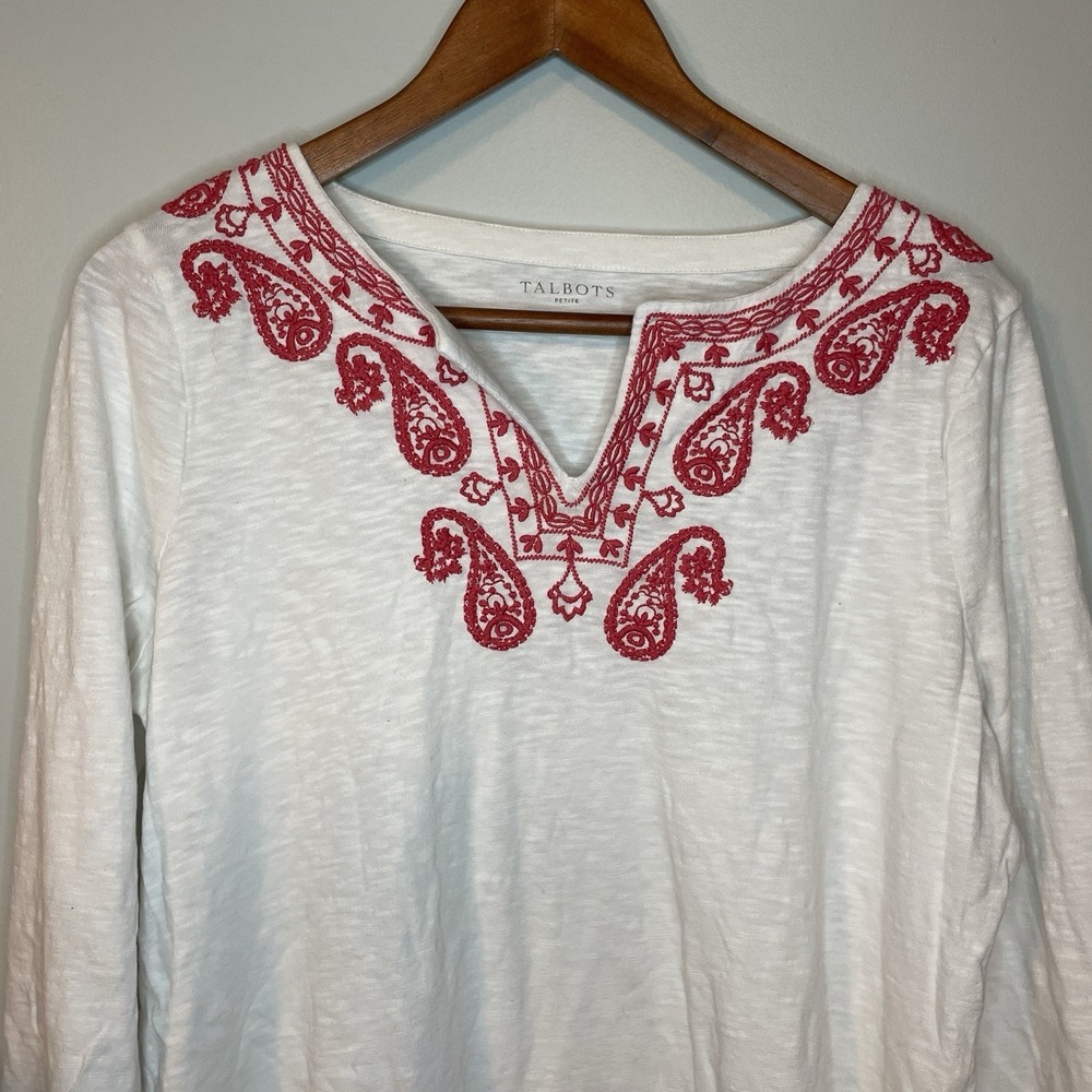Talbots White Red Embroidered Tunic Top Paisley Boho Cotton 3/4 Sleeve Blouse Lp - Picture 3 of 5